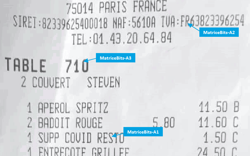 Série de polices MatrixBits-A utilisée sur le reçu d'un restaurant français