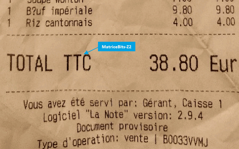 MatriceBits-Z2 utilisé sur le reçu du restaurant