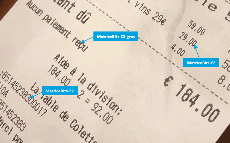 Un ticket de caisse de français utilise les polices MatriceBits-Y2 et MatriceBits-Z2