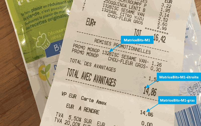 La série de polices MatriceBits-M1 a été appliquée sur un ticket de supermarché MONOPRIX